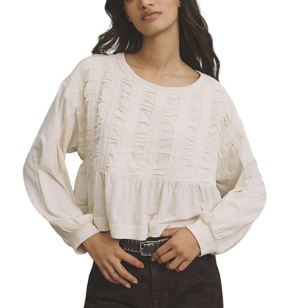Pilcro Textured Babydoll Top Size M Cream Excellent Pintuck Cotton Long Sleeve